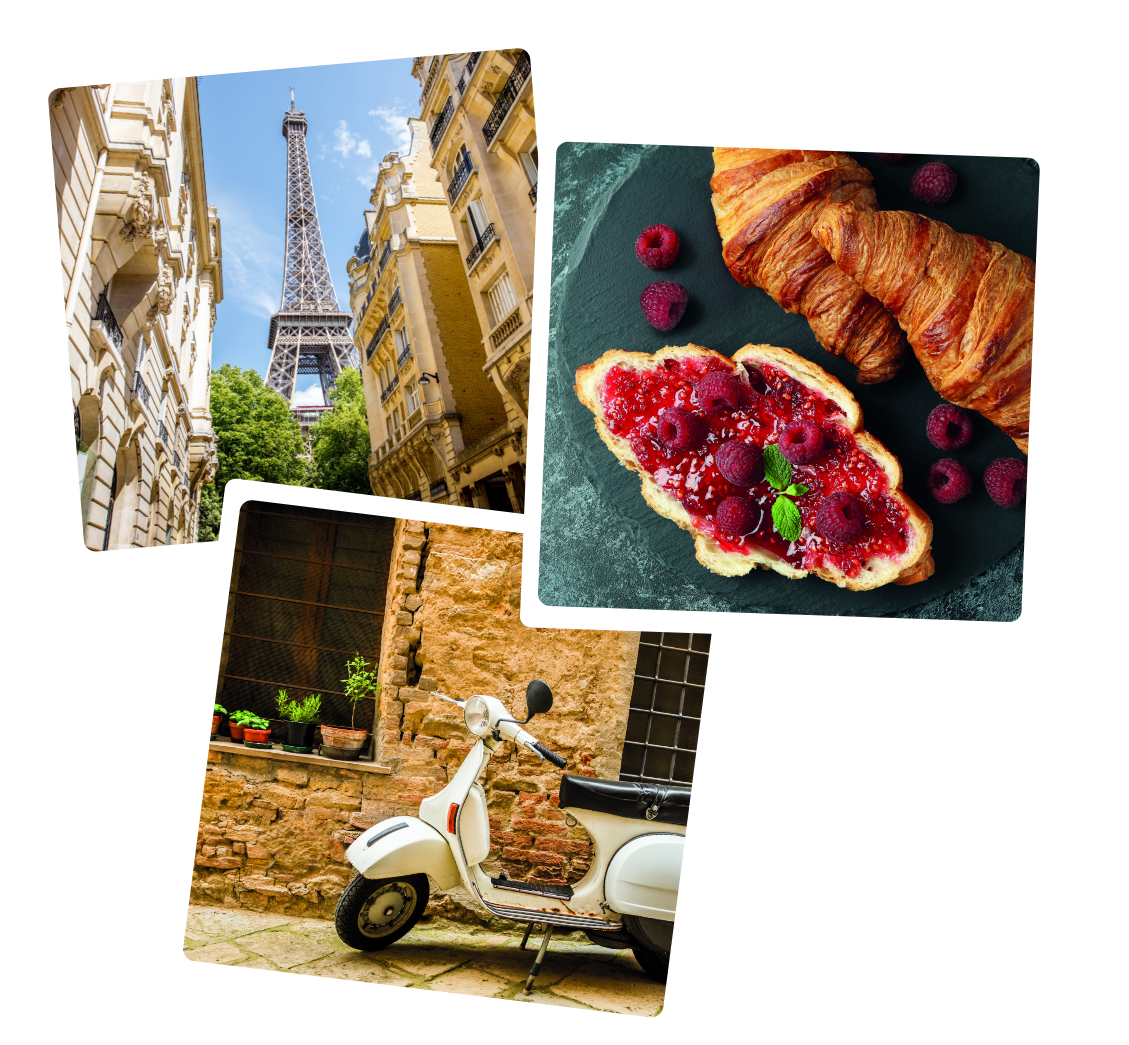 Bilder von Paris, Croissant, Vespa und Reisekoffer